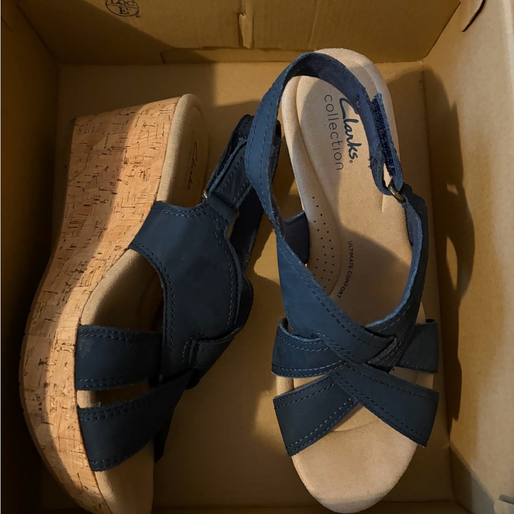 Clarks Navy Wedge Sandals for Women